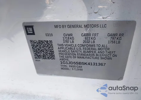 2019 Chevrolet Sonic Lt Auto from USA, damaged, VIN 1G1JD5SB5K4131367